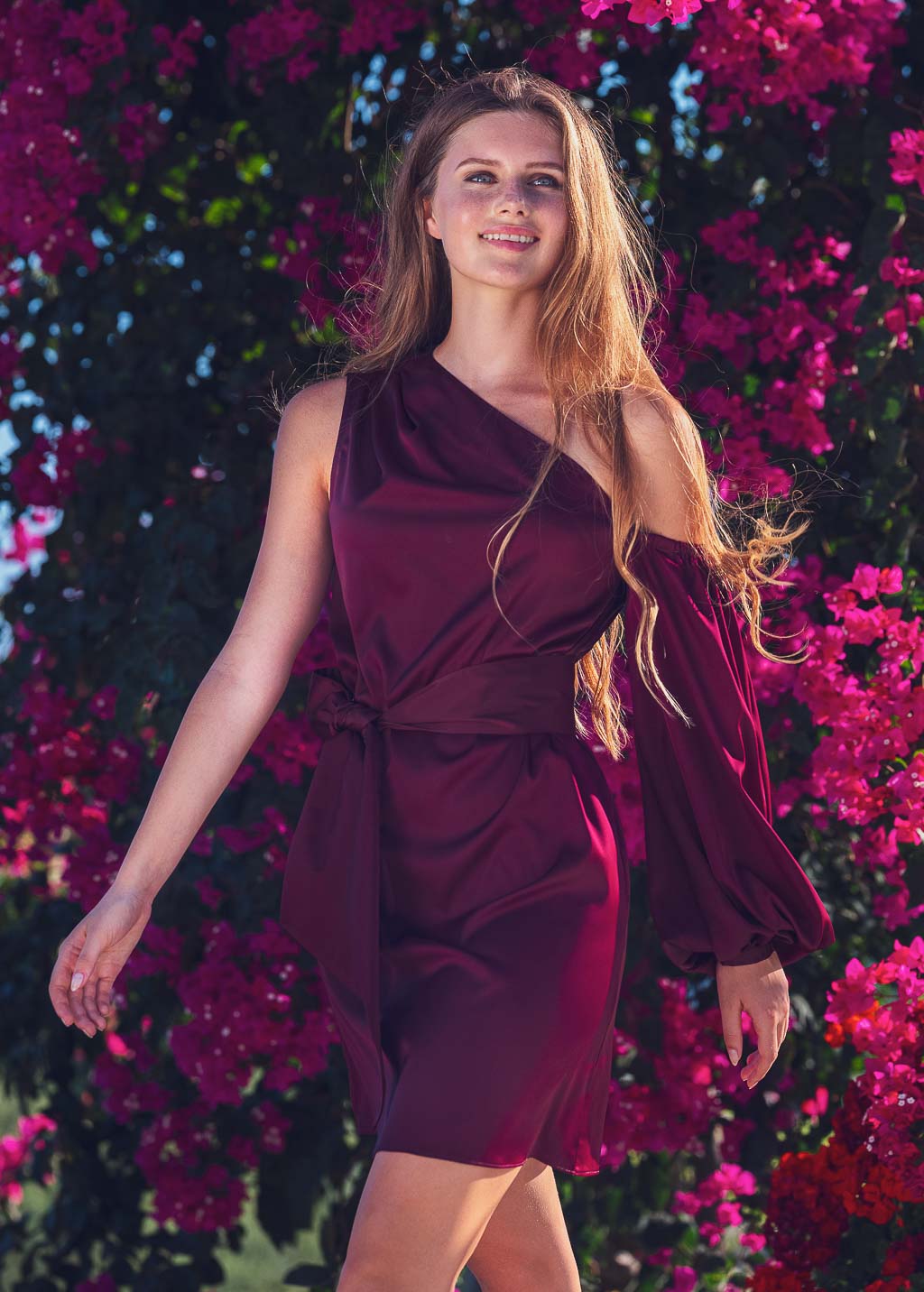 Dark burgundy open shoulder silk dress with belt