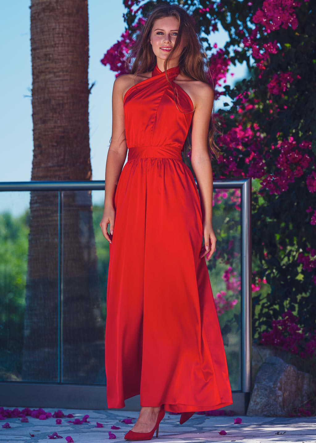 Red open back silk jumpsuit