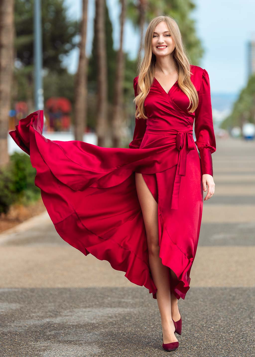 Burgundy long wrap dress