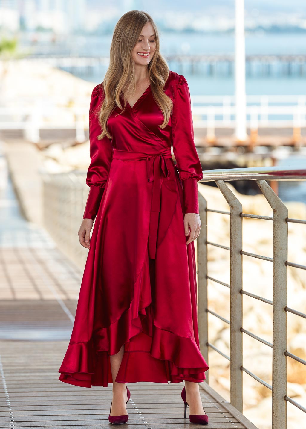 Burgundy long wrap dress