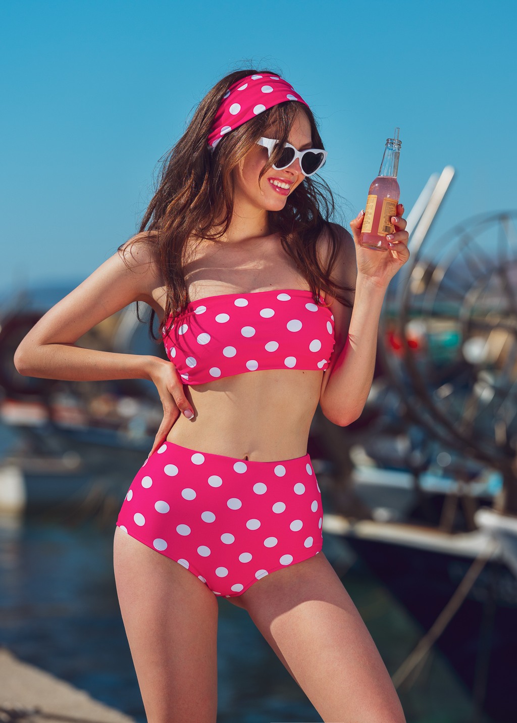 Pink polka dots bikini with headband