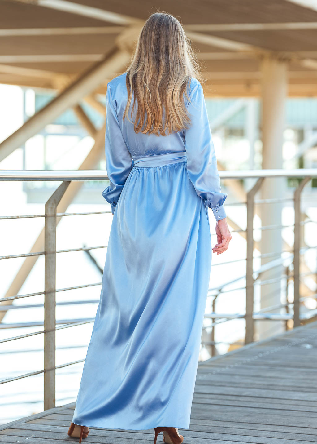 Sky blue long wrap dress