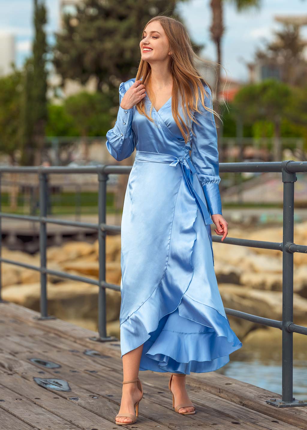 Sky blue long wrap dress